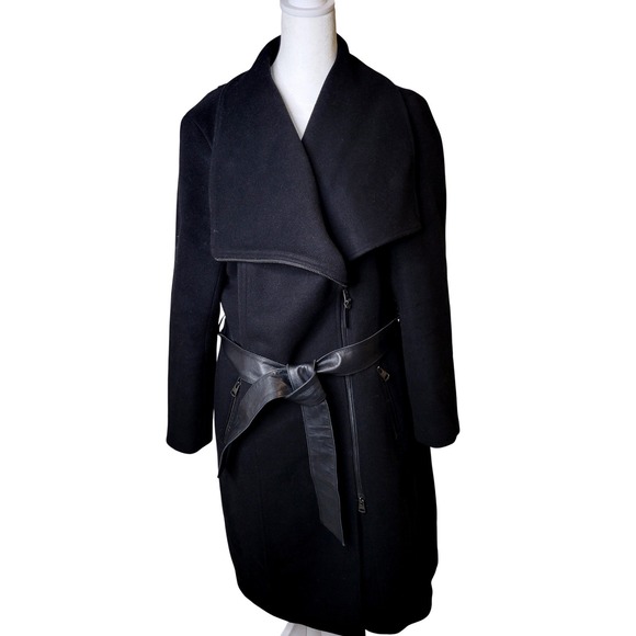 Mackage Nori 2-in-1 Black Wool Cashmere Double Collar Wrap Coat Leather Belt Zip - Picture 6 of 16
